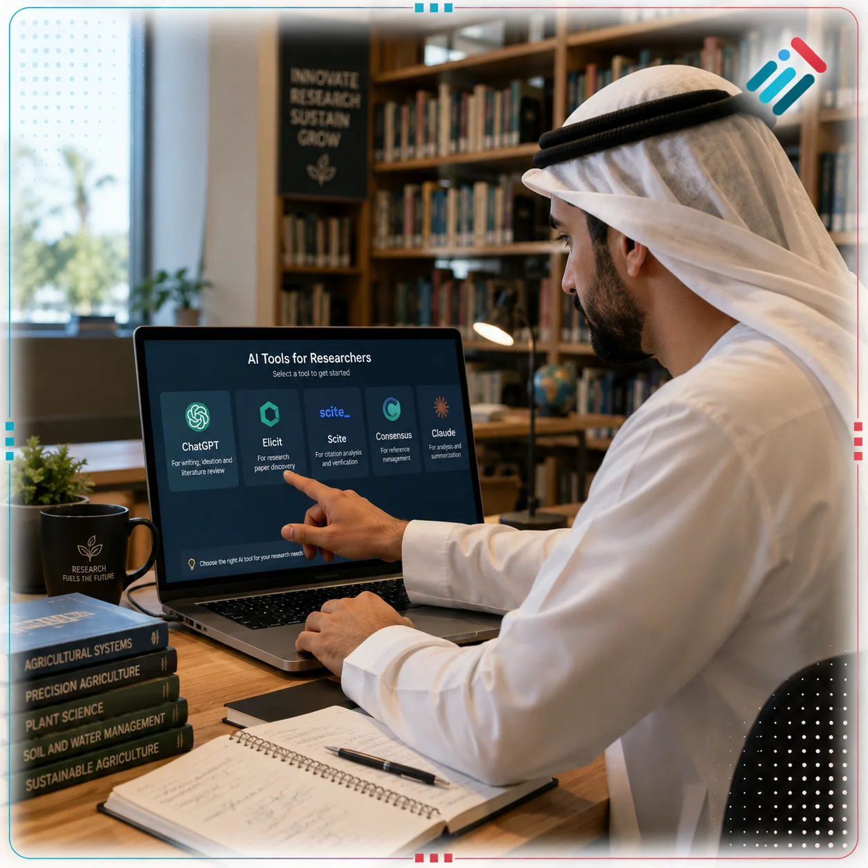 باحث عربي يختار أداة ذكاء اصطناعي على حاسوبه المحمول داخل مكتبة