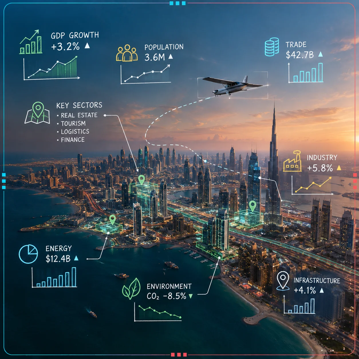aerial city economy data overlay with small plane